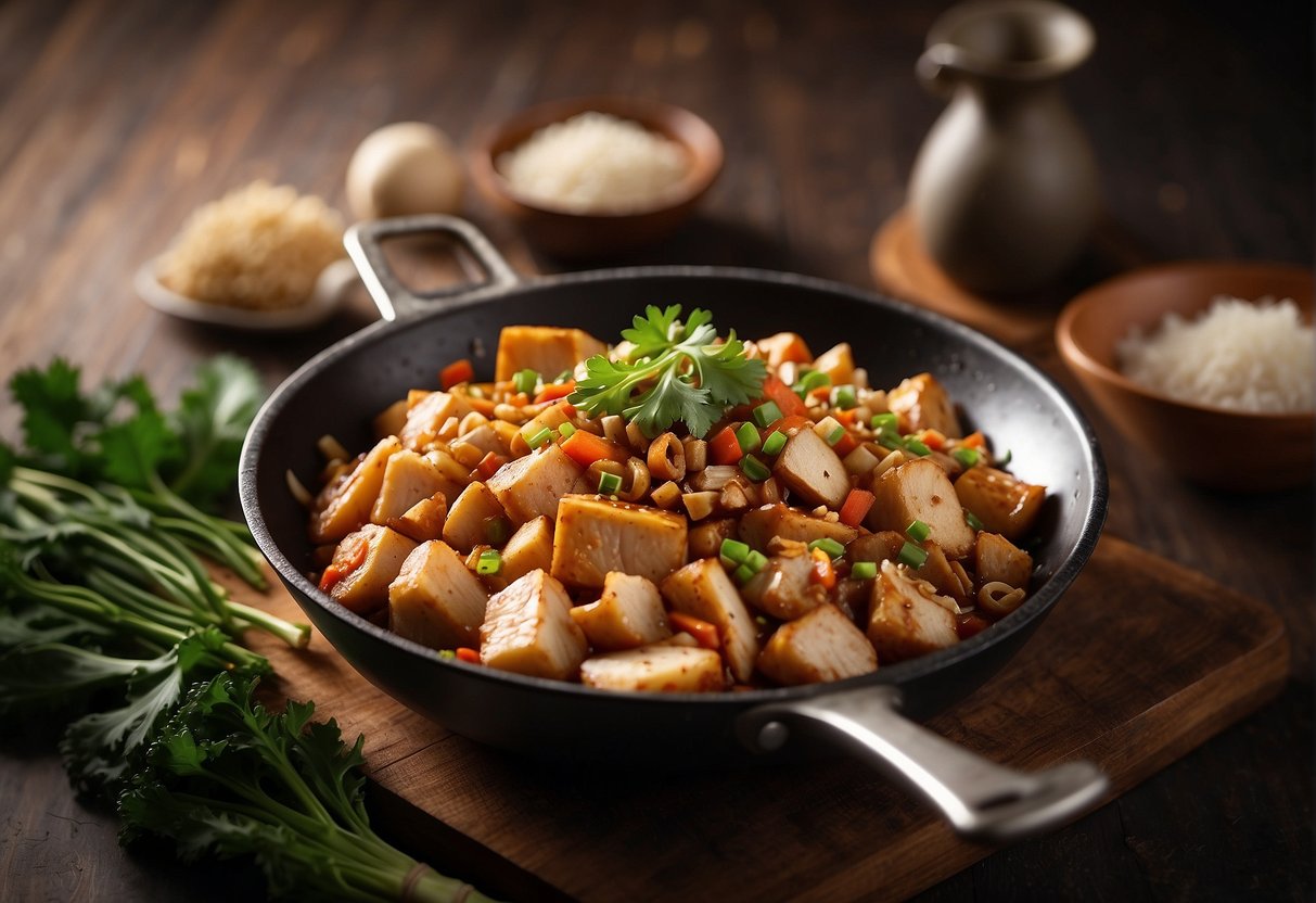 A wok sizzles with diced chicken, sliced Chinese yam, and aromatic spices, creating a mouthwatering Chinese yam chicken dish