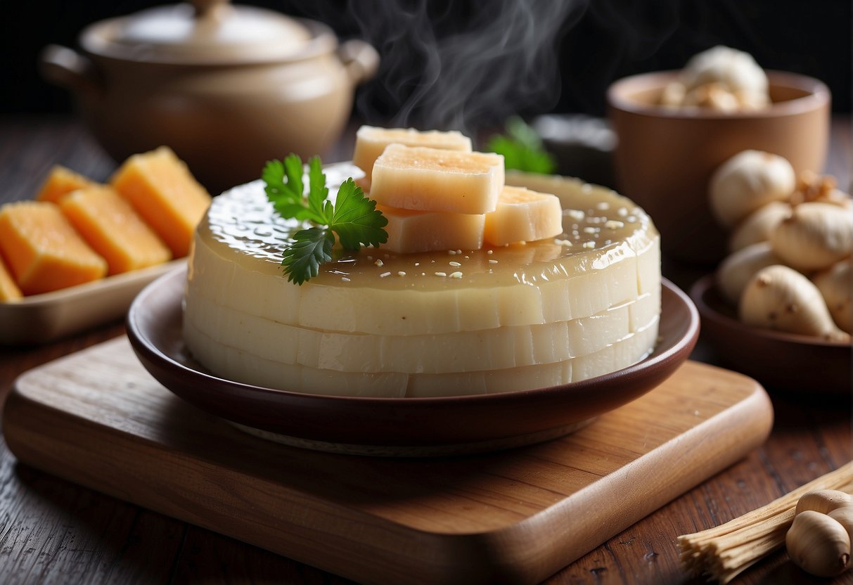 A steaming pot of Chinese yam cake, surrounded by fresh yam slices, ginger, and shallots on a wooden cutting board