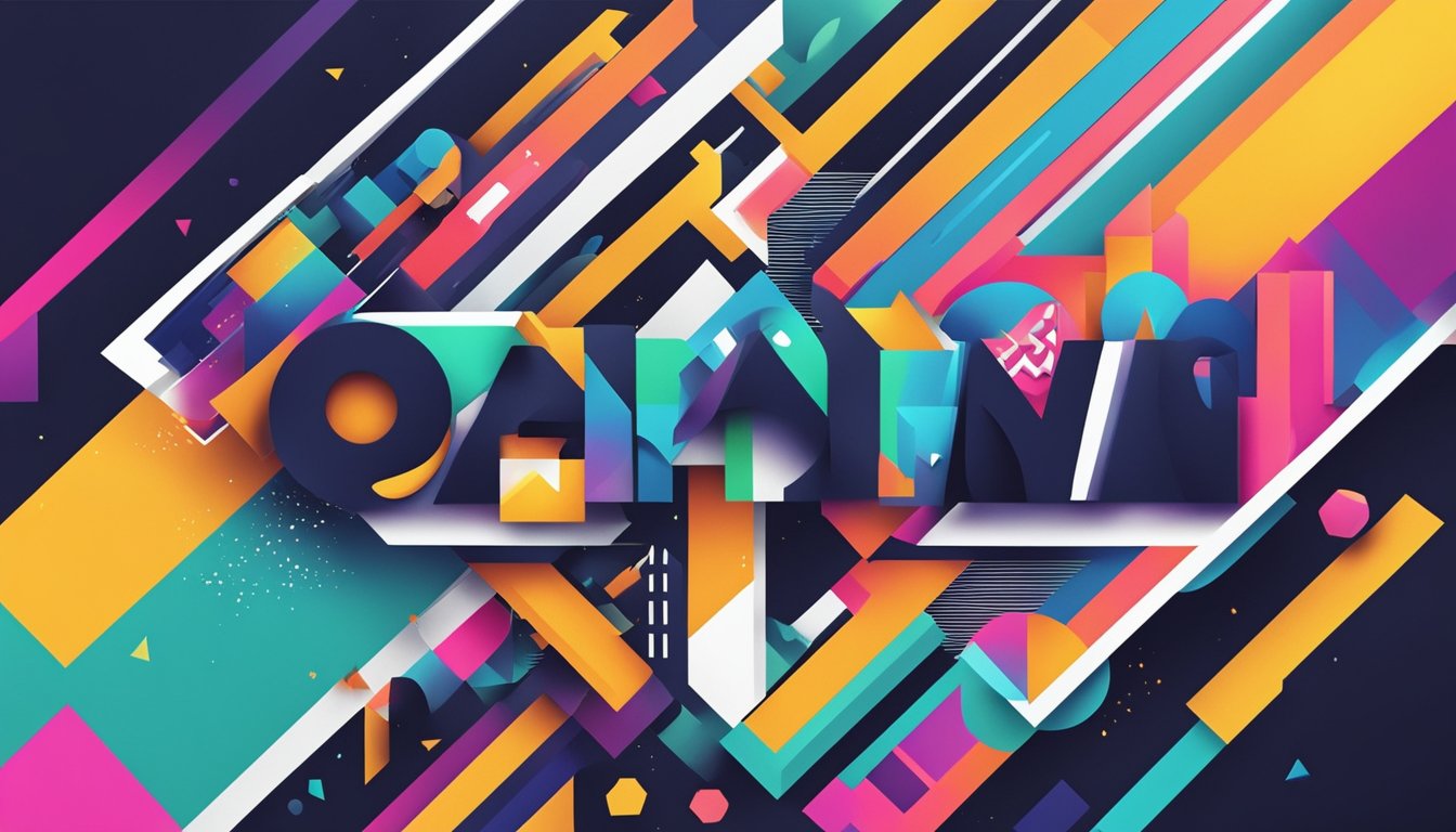 A vibrant logo surrounded by geometric shapes and bold typography, with a color palette of bright, contrasting hues
