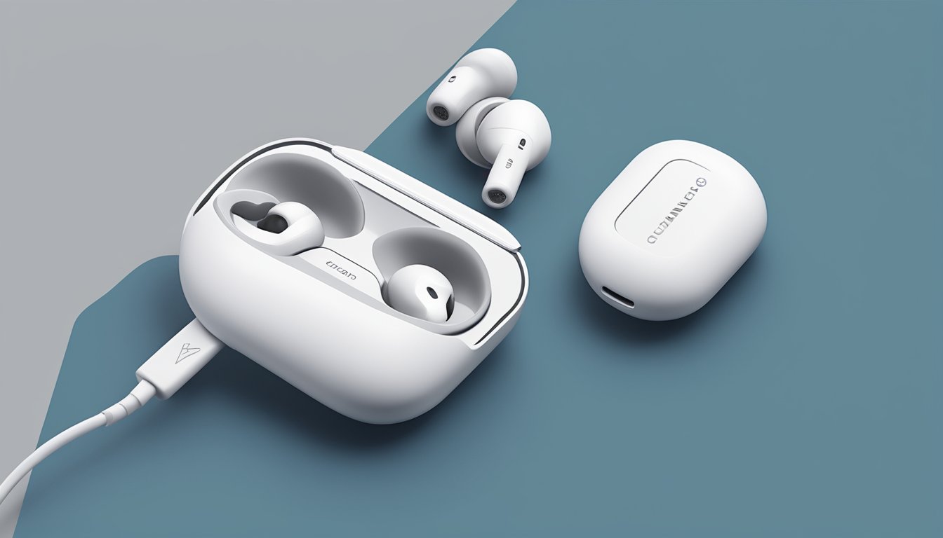 A pair of branded earbuds resting on a sleek, modern surface, with the brand logo prominently displayed