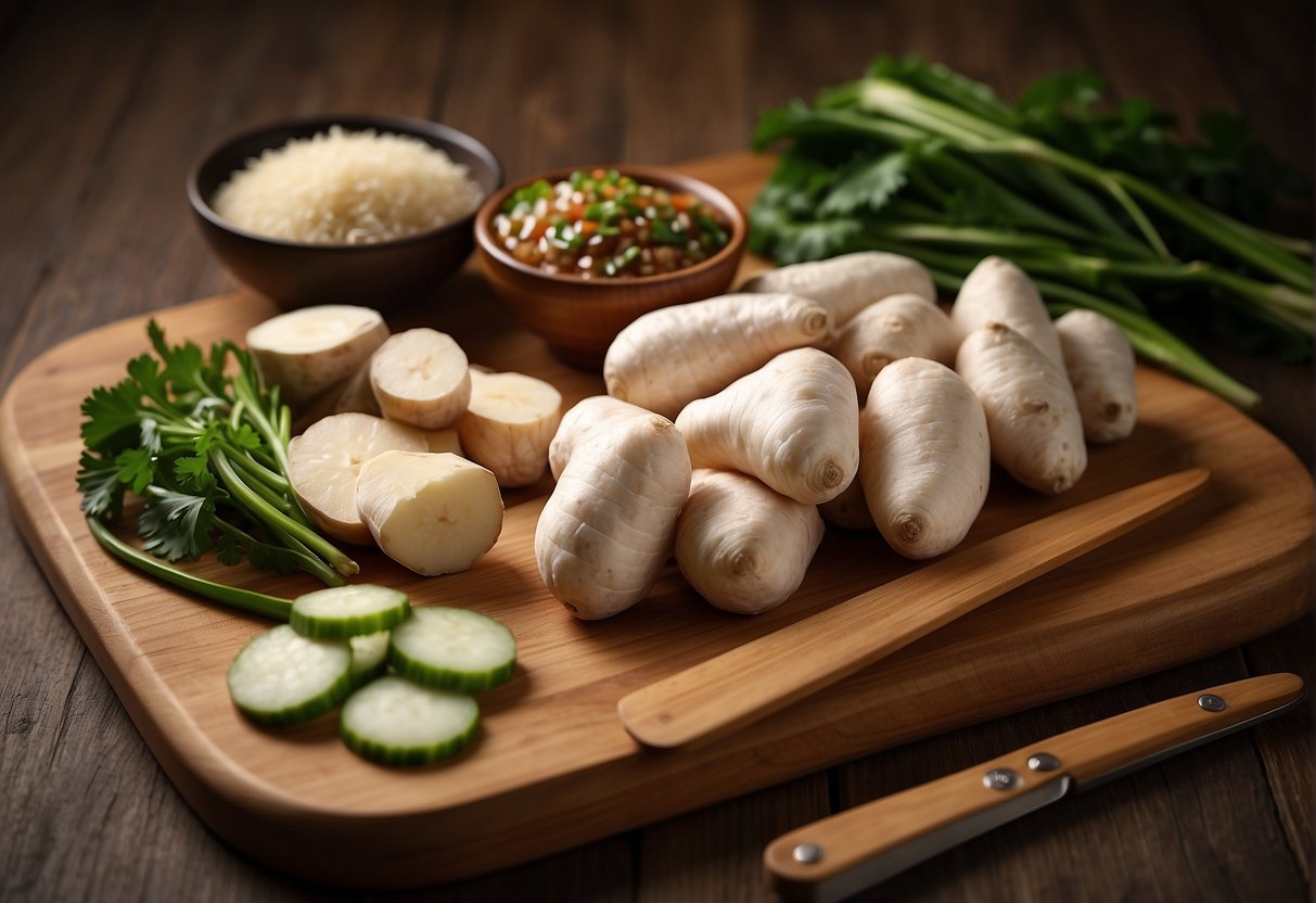 Chinese yam, chicken, ginger, and scallions arranged on a wooden cutting board with a knife, bowl, and various seasonings nearby