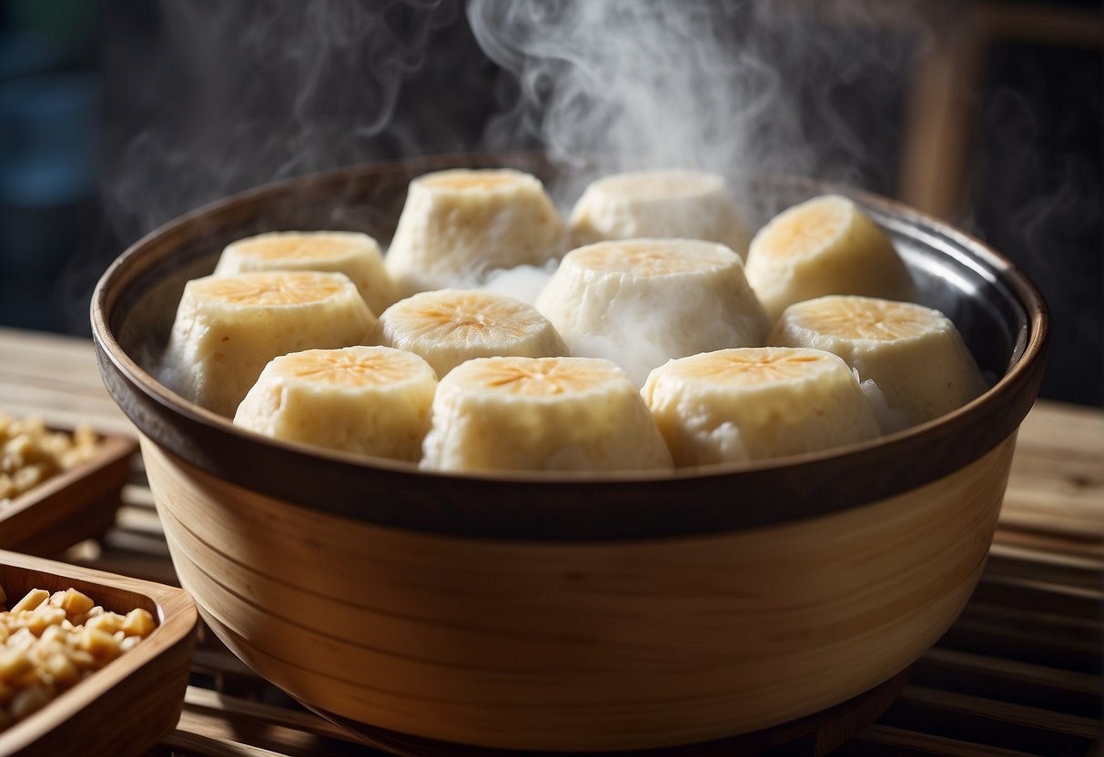 Chinese yam cake being steamed in a bamboo steamer, with steam rising and a fragrant aroma filling the air. Ingredients like yam, rice flour, and sugar are laid out nearby