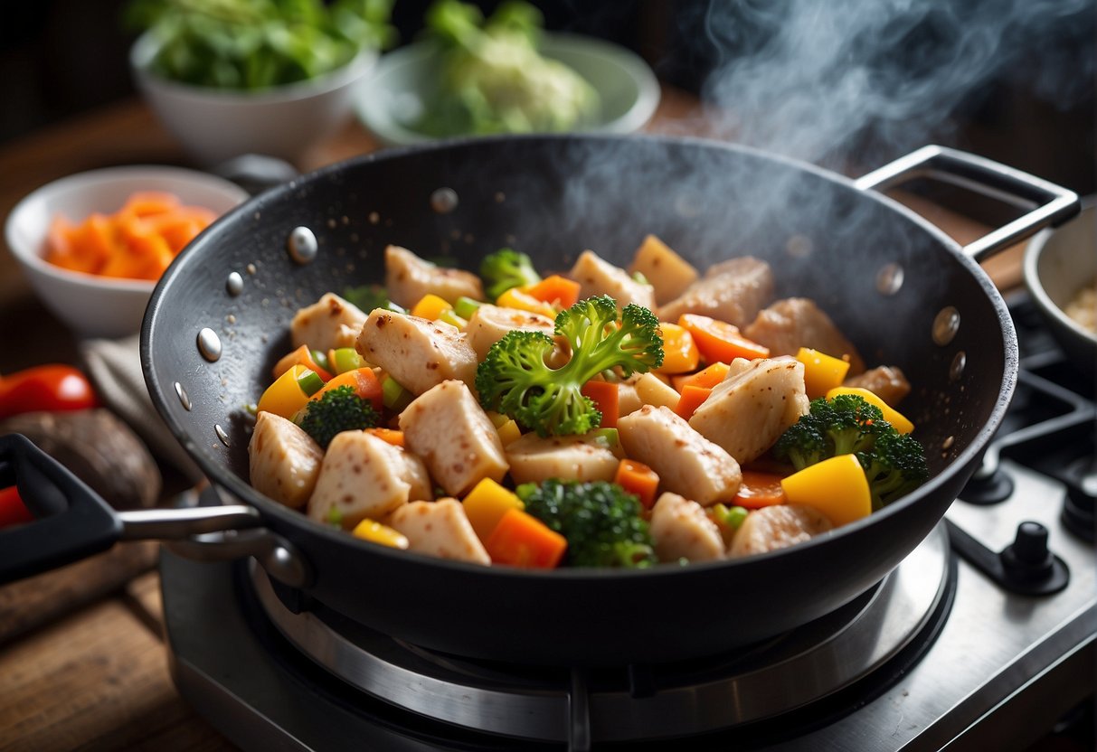 Chinese yam and chicken being stir-fried in a wok with a mix of colorful vegetables and aromatic spices