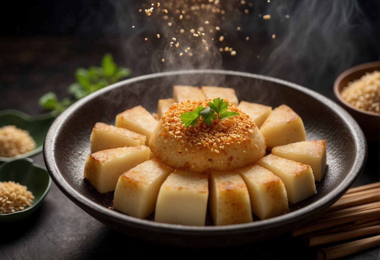 Chinese yam cake being seasoned with soy sauce, sesame oil, and spices in a mixing bowl