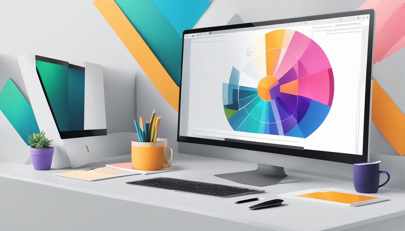 A sleek, modern logo on a computer screen, surrounded by marketing materials and brand guidelines