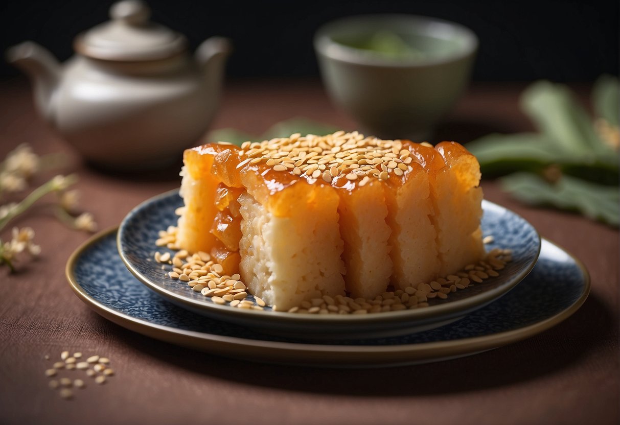 Chinese yam cake being delicately garnished with sesame seeds and served on a decorative plate