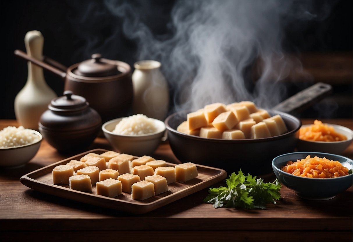 A table with ingredients and utensils for making Chinese yam cake, a recipe book open to the page, and a steaming pot on the stove