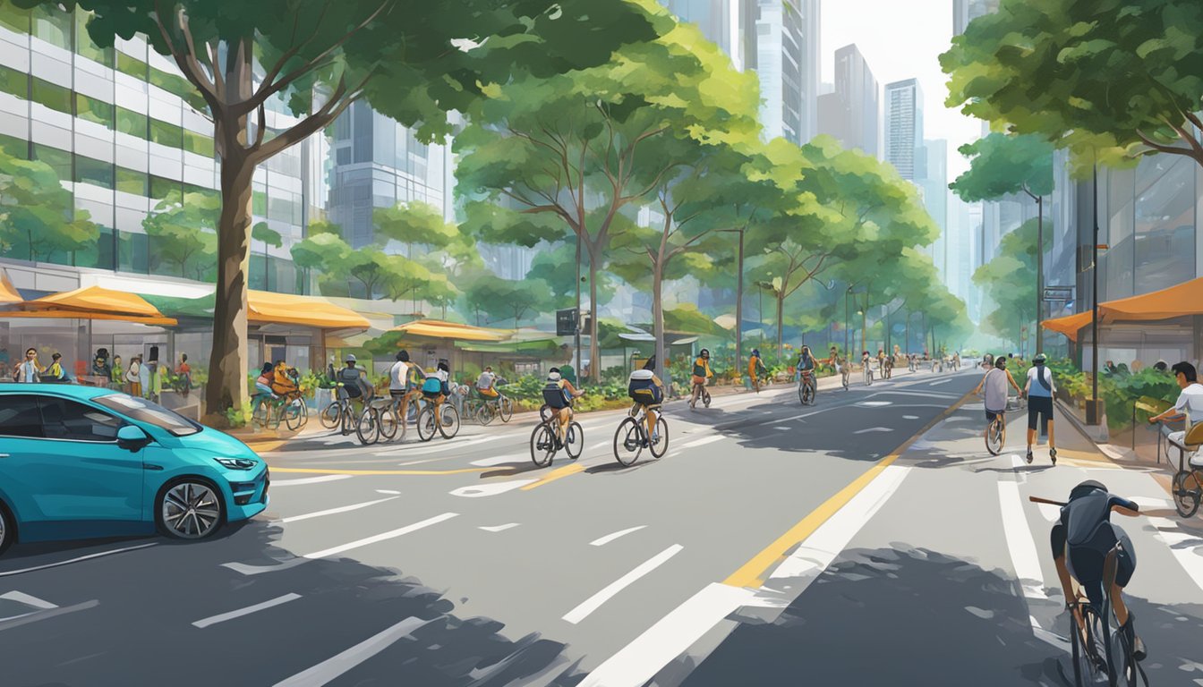 A bustling urban street with dedicated bike lanes, surrounded by modern high-rise buildings and vibrant greenery, showcasing various bike brands in Singapore