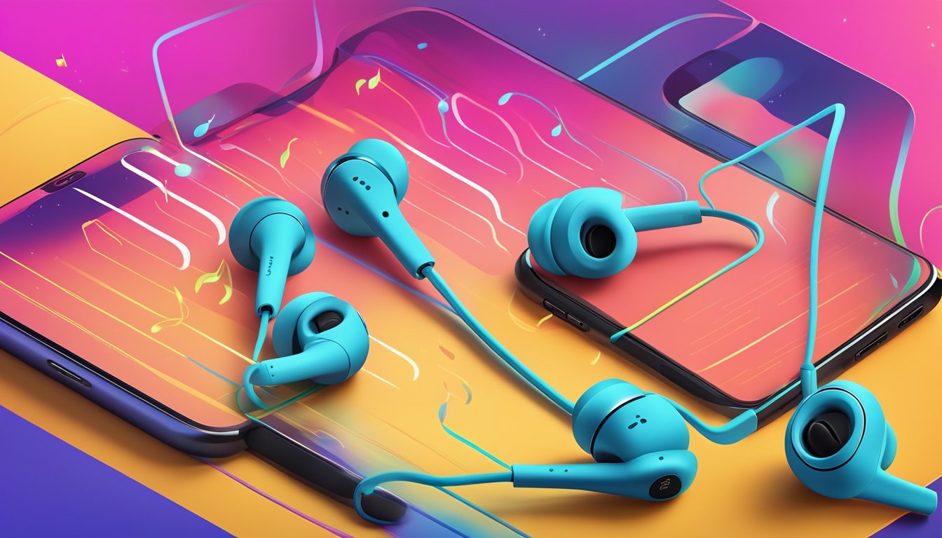 Branded earbuds connected to a sleek device, emitting sound waves surrounded by musical notes and vibrant colors