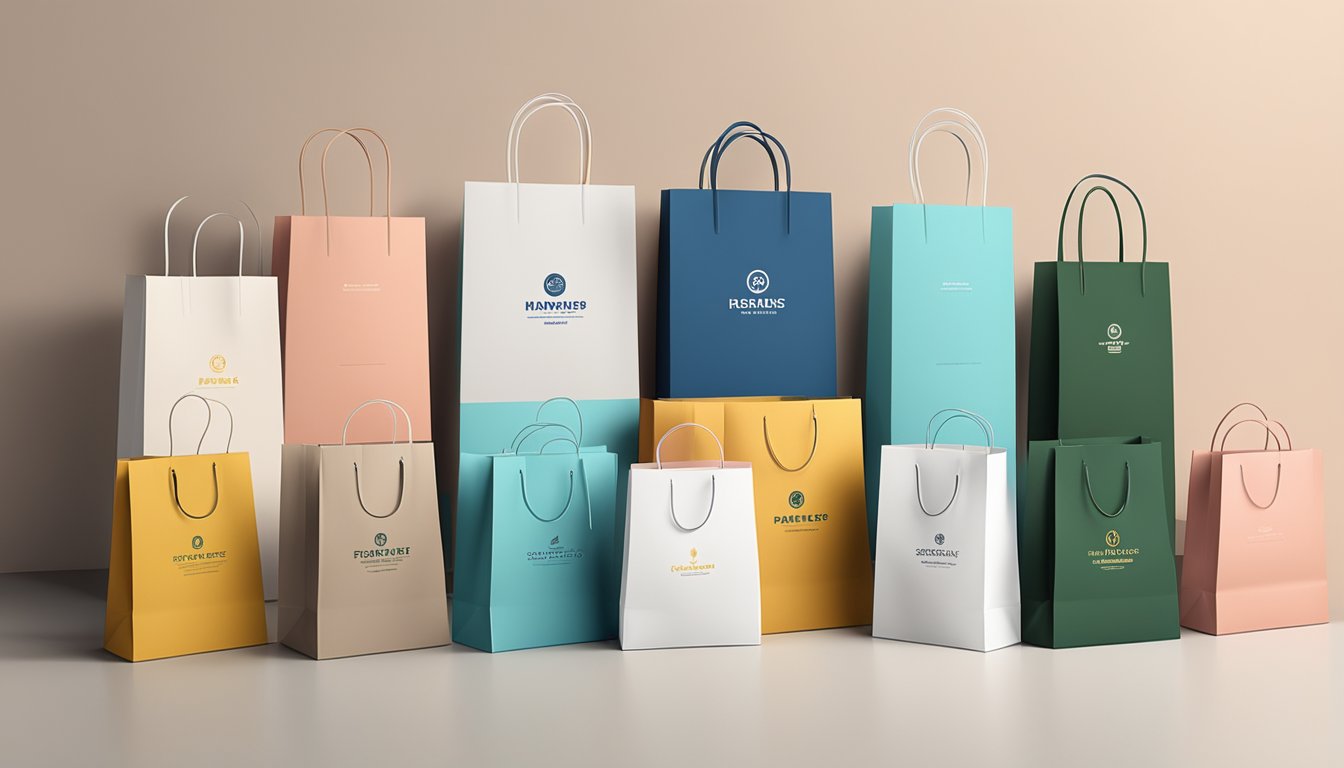 Branded paper bags arranged neatly on a display table