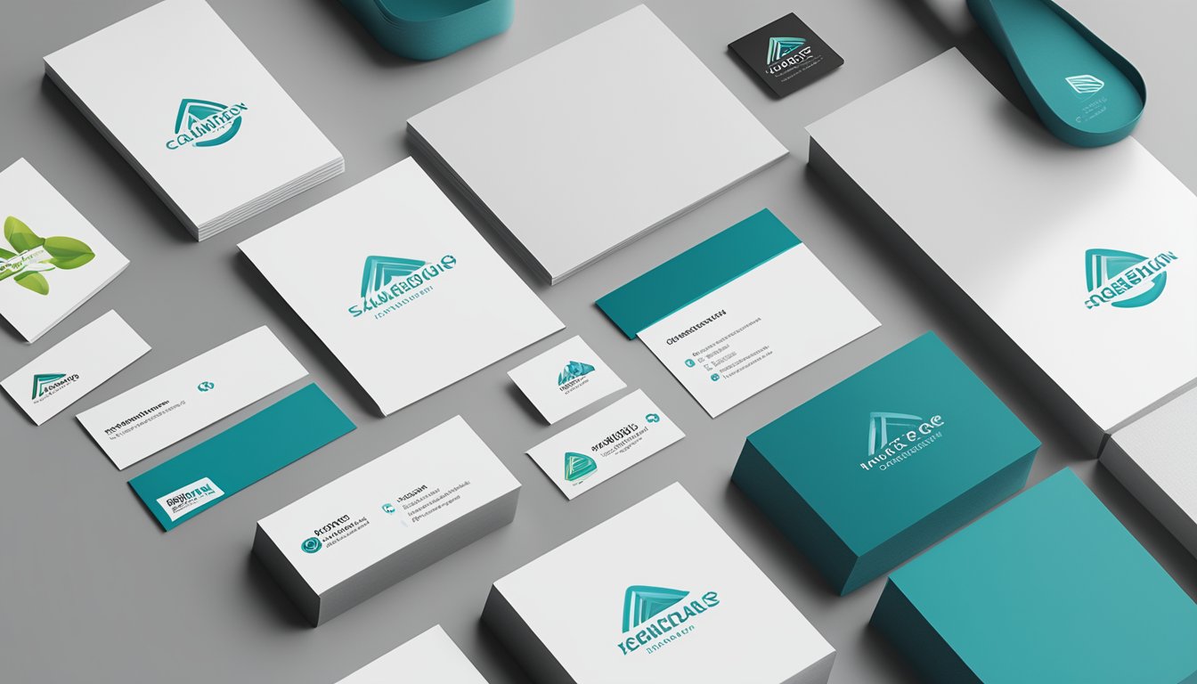 A sleek and modern logo is being applied consistently across various brand materials, from business cards to packaging, showcasing the execution and consistency of the brand design