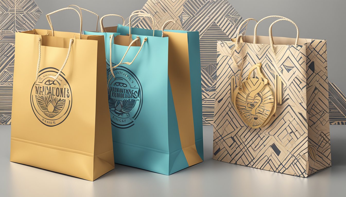 A designer customizes branded paper bags with logos and patterns