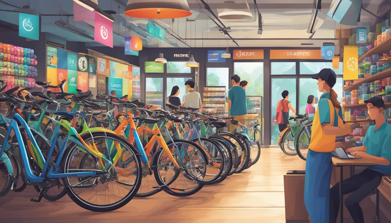 A row of colorful bicycles with brand logos displayed, surrounded by curious customers and a helpful salesperson in a bustling Singapore bike shop