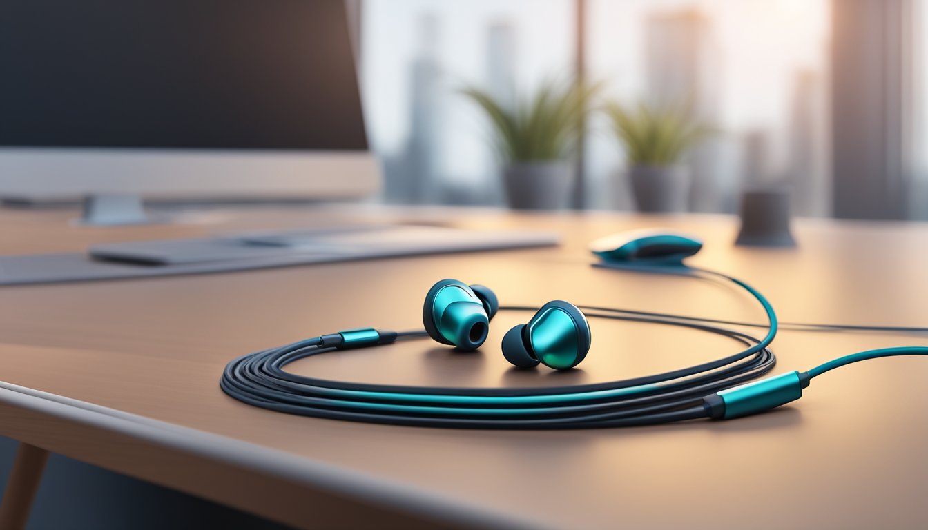 A pair of branded earbuds sits on a sleek, modern desk. The room is filled with rich, immersive sound, and the earbuds are connected to a high-quality audio device