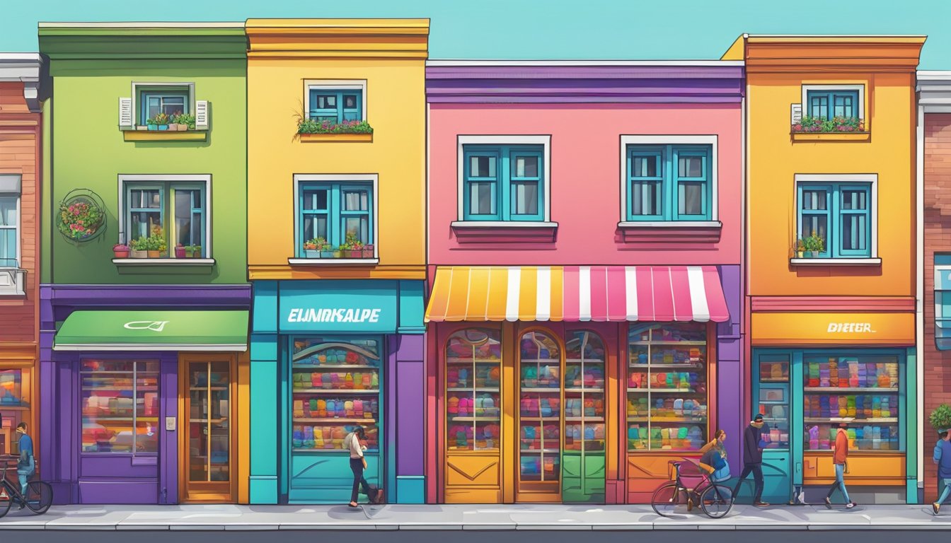 Vibrant European sneaker brand logos displayed on colorful storefronts in a bustling urban setting