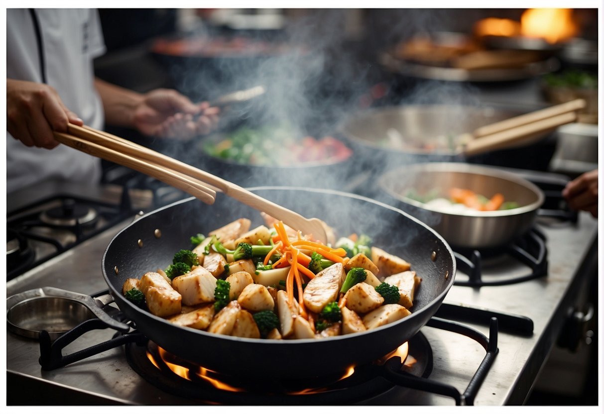 A chef stir-fries Chinese yam and chicken in a sizzling wok, surrounded by various ingredients and utensils on a kitchen counter