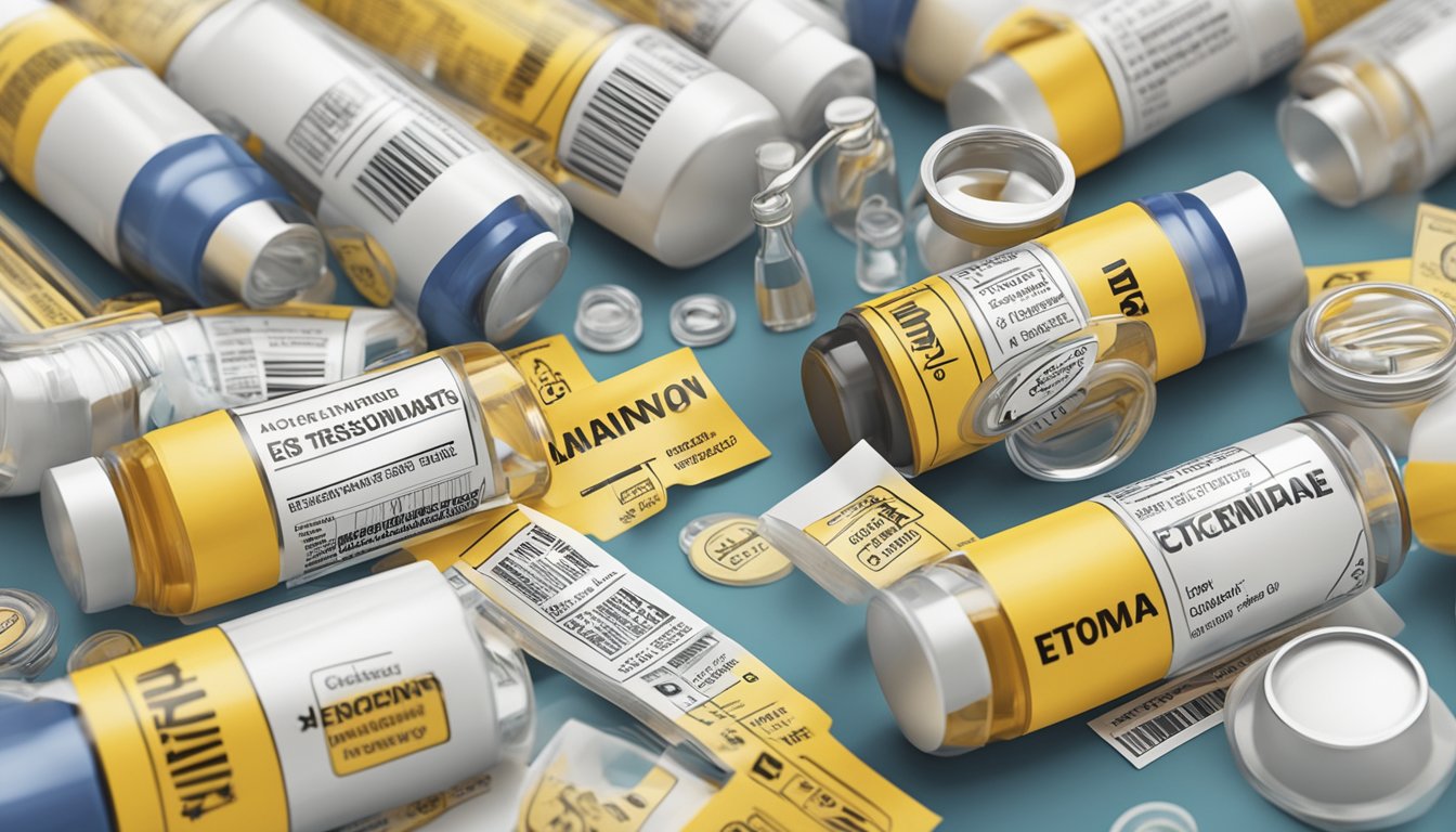 A vial of etomidate with warning label, surrounded by caution signs and medical equipment