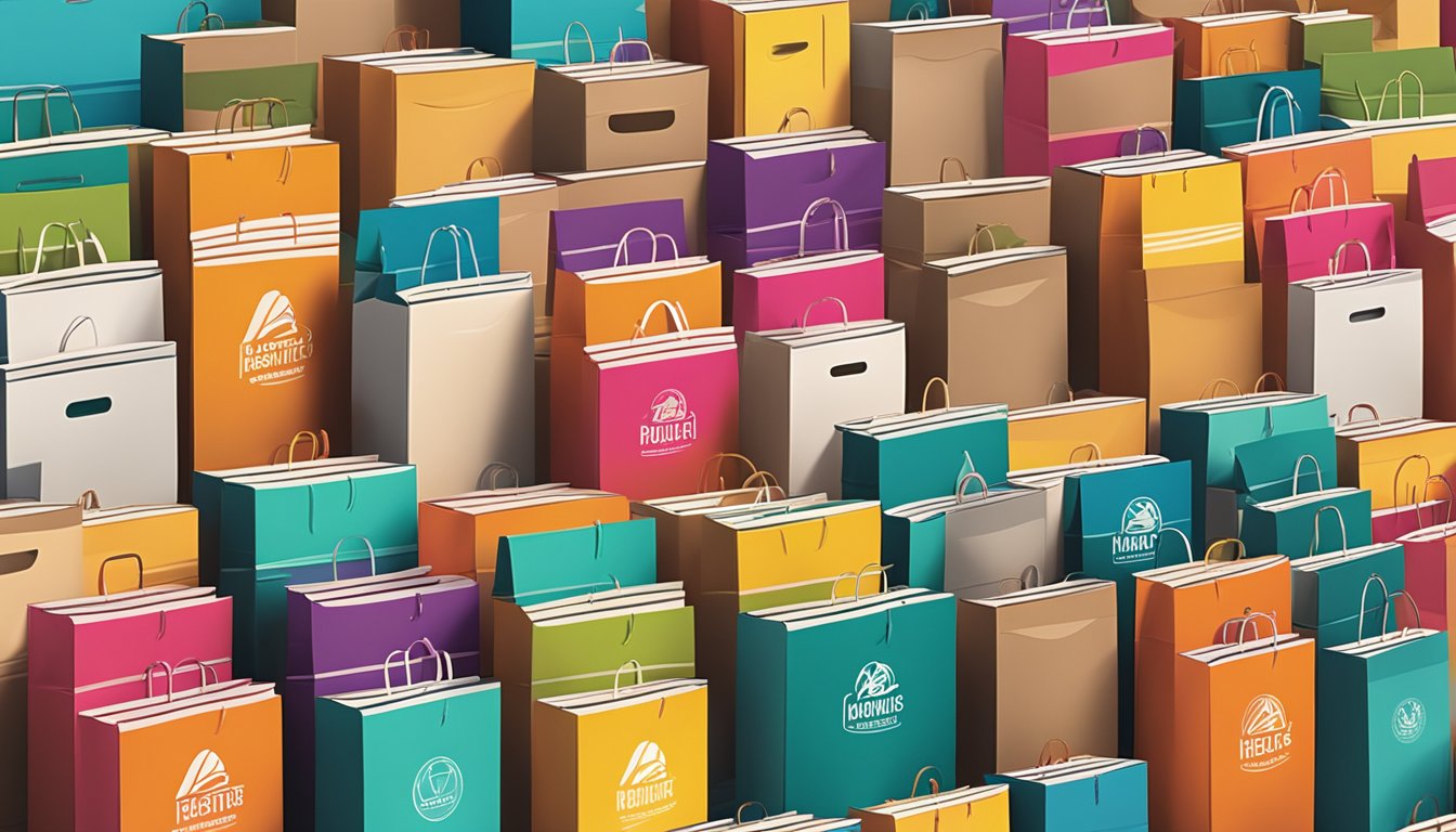 A stack of branded paper bags arranged on a display table with logos facing outward. Bright lighting highlights the bags' vibrant colors and sleek design