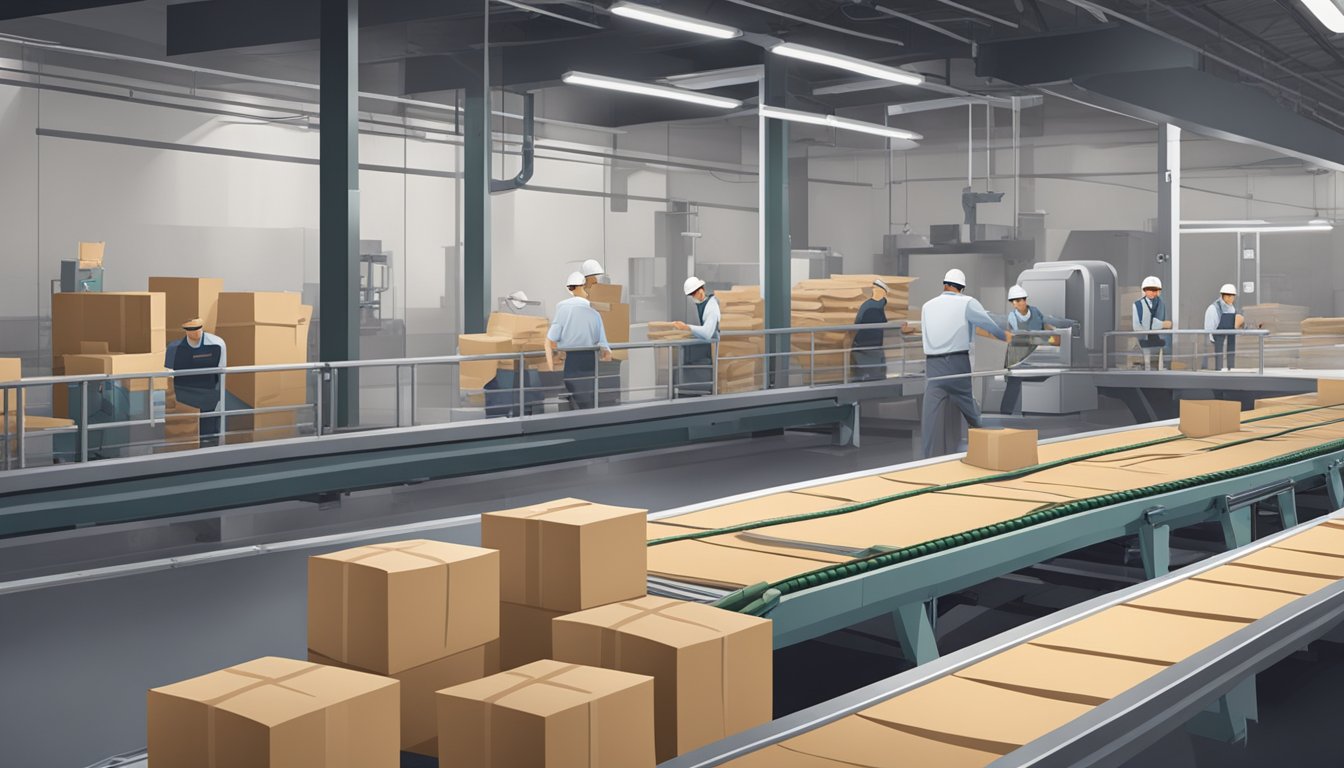 A conveyor belt moves branded paper bags through a production facility, while workers package and stack them for distribution