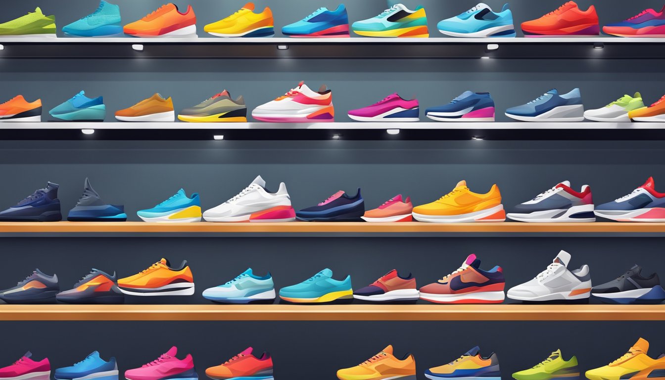 A display of European sneaker brands arranged on shelves in a stylish and modern shoe store. Bright lighting highlights the vibrant colors and sleek designs of the shoes