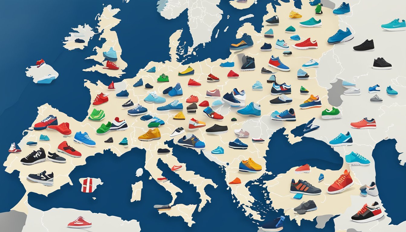 European sneaker brands scattered across a map of Europe, with iconic landmarks in the background