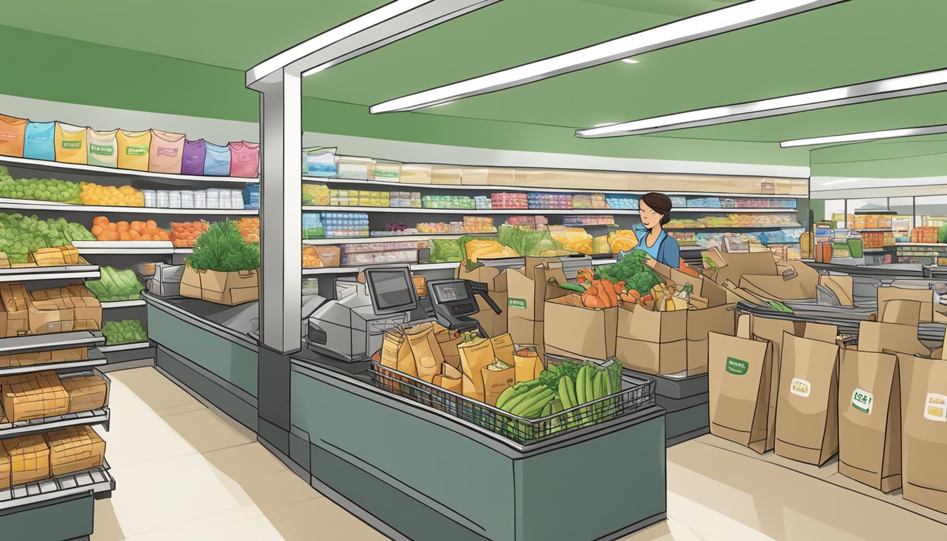 Branded paper bags being filled with groceries in a busy supermarket checkout