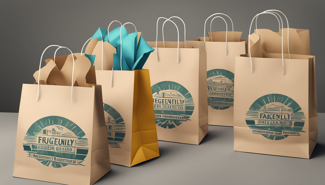 A stack of branded paper bags with "Frequently Asked Questions" printed on them