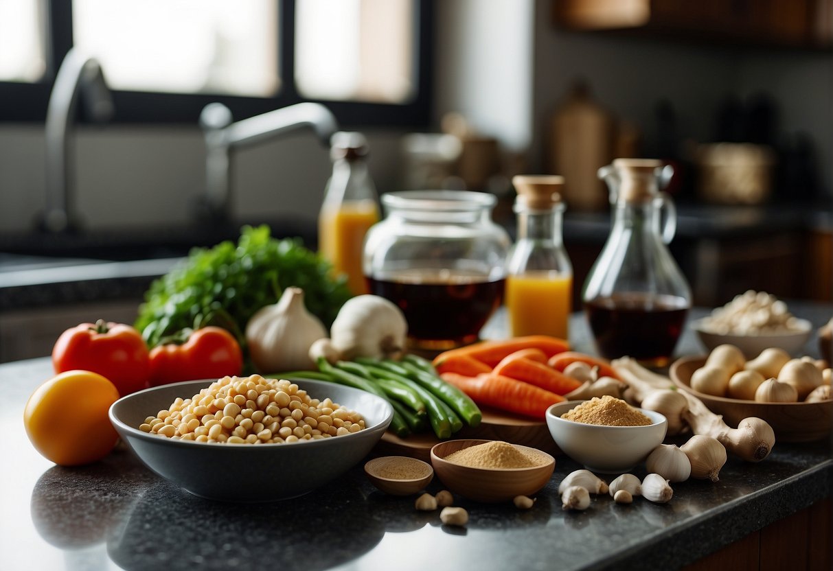 A kitchen counter with various ingredients and cooking utensils, including soy sauce, ginger, garlic, and vegetables, ready to be used for Chinese home recipes
