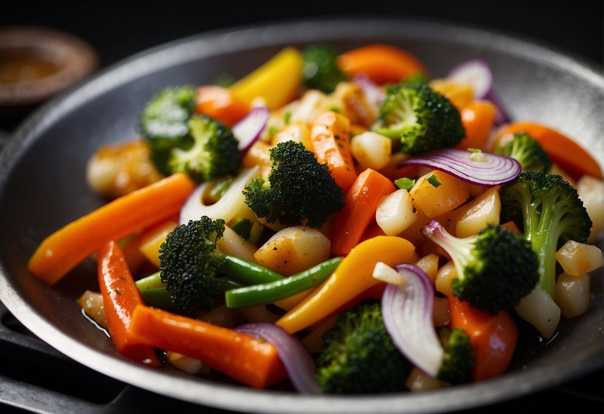 A wok sizzles as colorful Chinese vegetables are stir-fried with garlic and ginger, creating a mouthwatering aroma