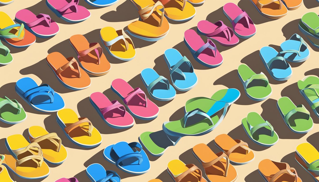 Colorful branded sandals arranged in a neat row on a sandy beach. The sun shines down, casting a warm glow on the vibrant designs