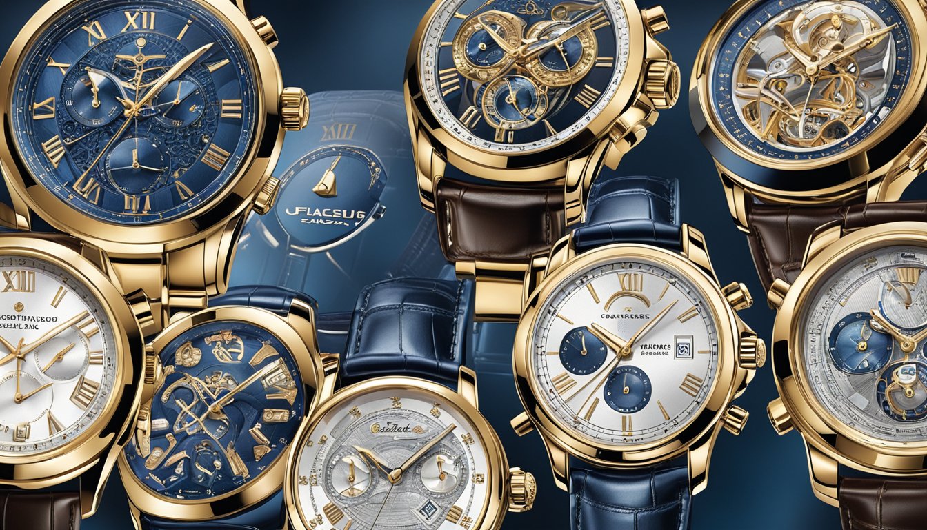 A display of luxury watch brands, gleaming under bright lights. Each timepiece exudes opulence and sophistication, showcasing intricate designs and exquisite craftsmanship