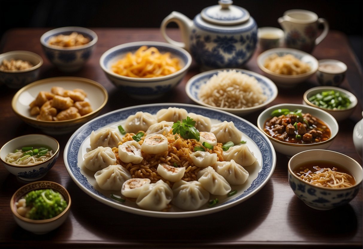 A table set with various popular Chinese dishes, including dumplings, stir-fried noodles, and fried rice, with chopsticks and tea cups nearby