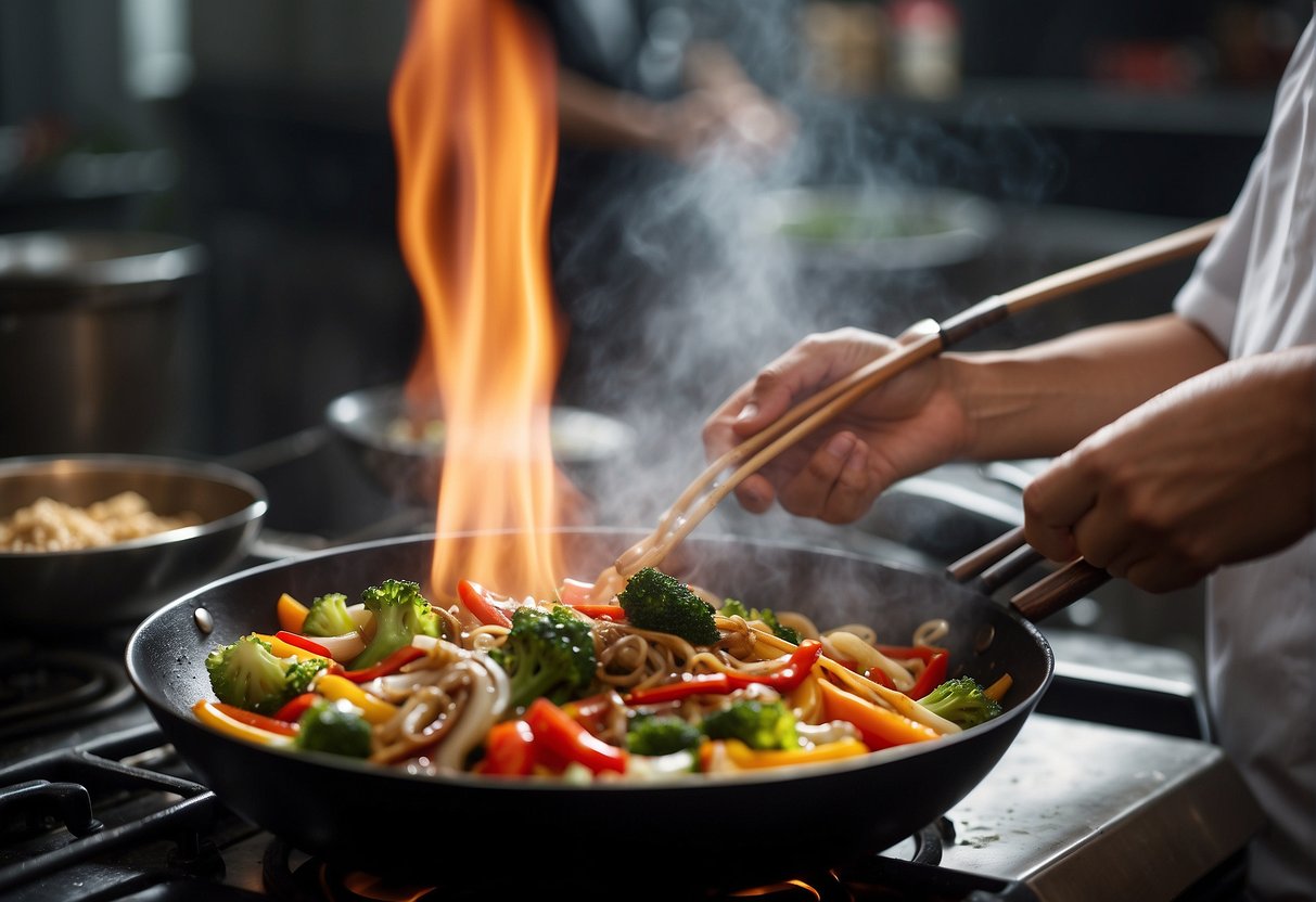 A wok sizzles with stir-frying Chinese assorted vegetables over high heat, as the chef adds soy sauce and tosses the colorful medley with a pair of chopsticks