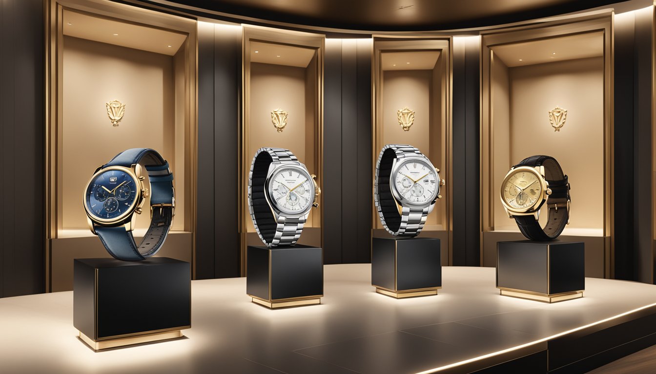 A display of top luxury watch brands, each exuding elegance and precision, showcased on velvet-lined pedestals under soft, warm lighting