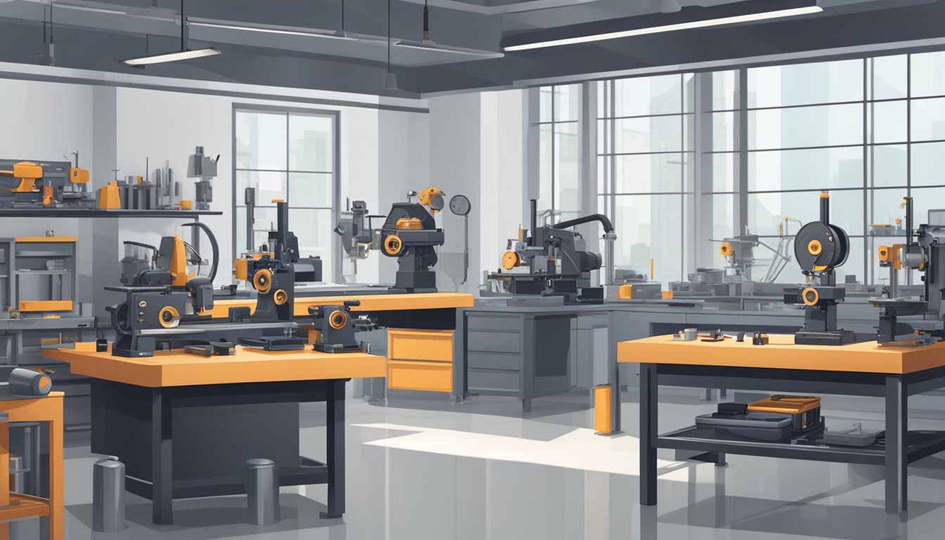 A sleek, modern workshop with intricate machinery and tools. High-end watches displayed on clean, minimalist workbenches. The room exudes precision and sophistication