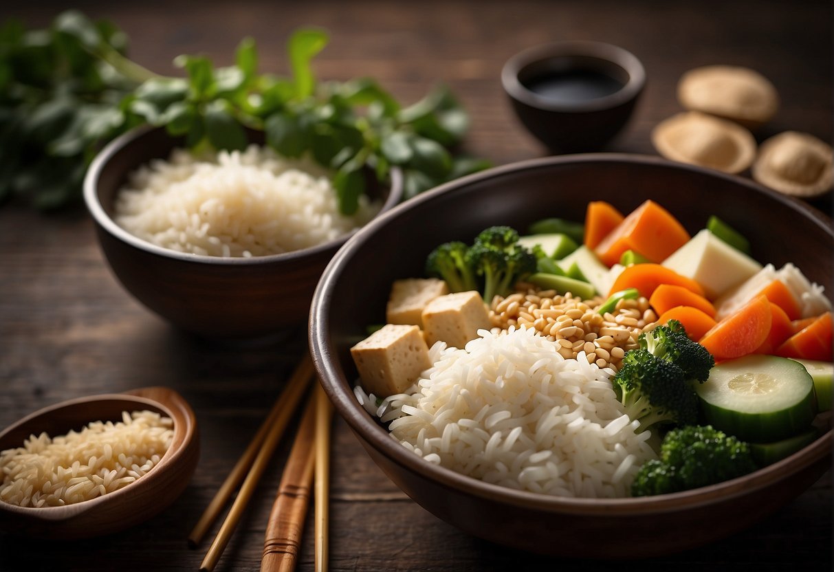 A colorful spread of fresh vegetables, tofu, and rice, with a steaming bowl of fragrant broth in the center. Chopsticks and a bamboo steamer complete the scene