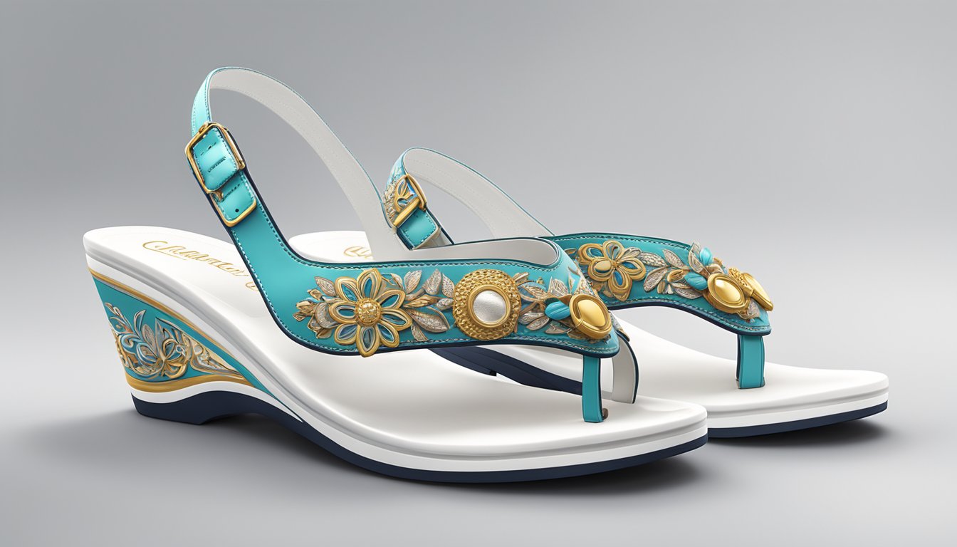 A pair of Care and Maintenance branded sandals for ladies displayed on a clean, white background with a focus on the intricate details and design of the footwear