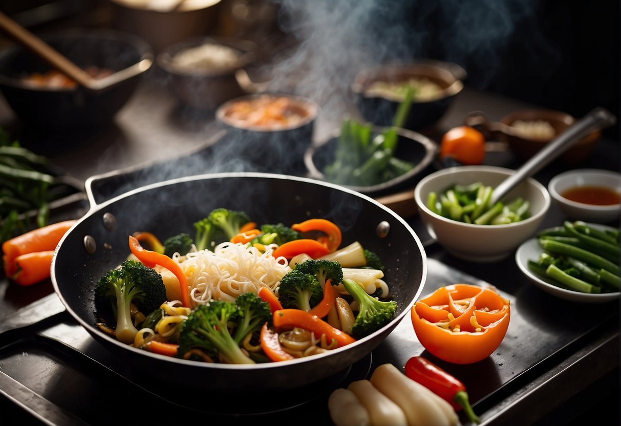 A wok sizzles with stir-fried Chinese vegetables, steam rising. Ingredients and utensils are neatly arranged nearby