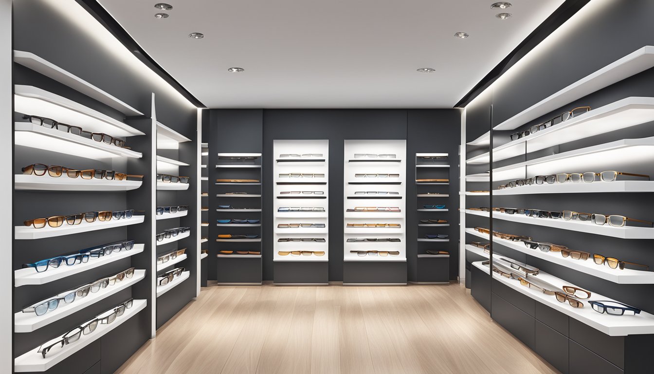 A display of branded spectacle frames arranged on sleek shelves in a modern, well-lit showroom