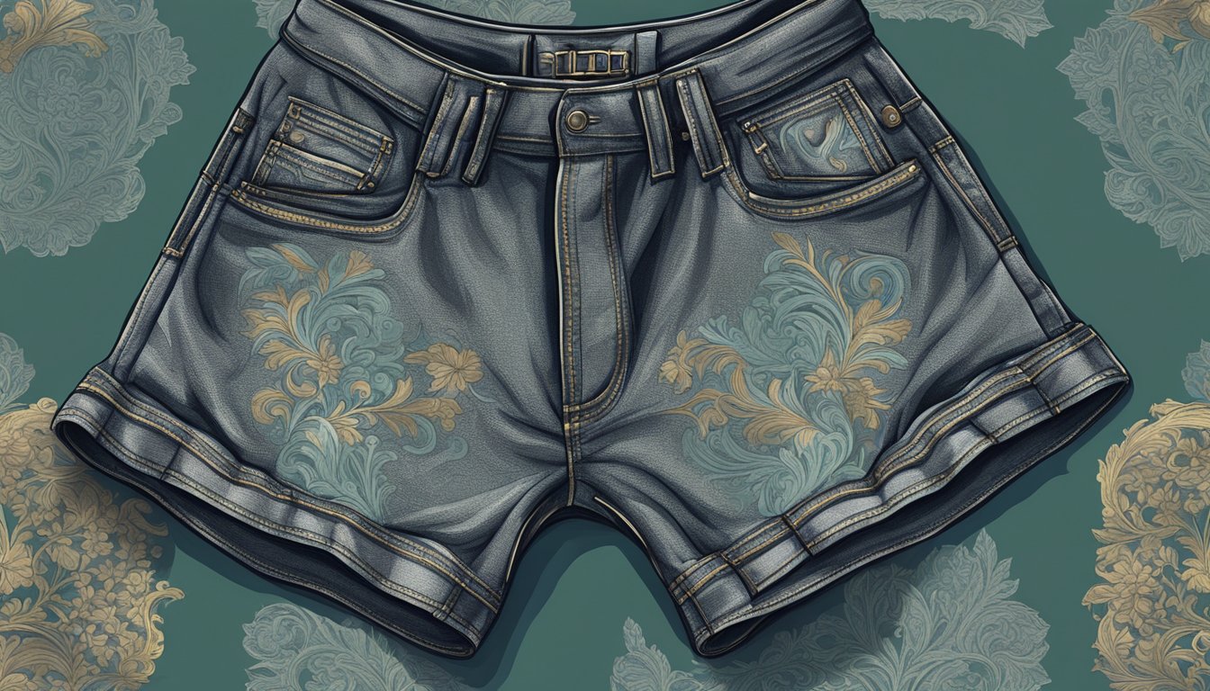 A pair of luxurious men's shorts displayed on a velvet-lined shelf, surrounded by soft, ambient lighting and intricate details of the fabric and stitching