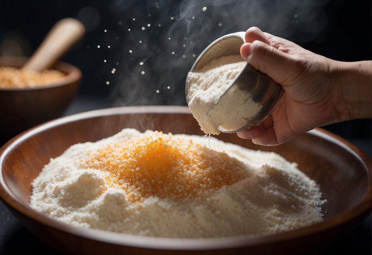 A hand mixing Chinese yam, flour, sugar, and oil in a bowl