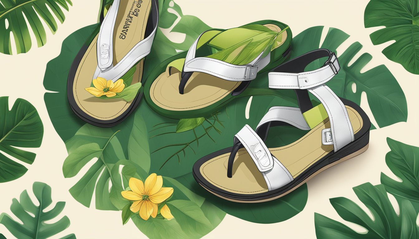 A pair of branded sandals for ladies with a "Making a Sustainable Choice" logo prominently displayed on the straps. The sandals are made of eco-friendly materials and are surrounded by green leaves and flowers