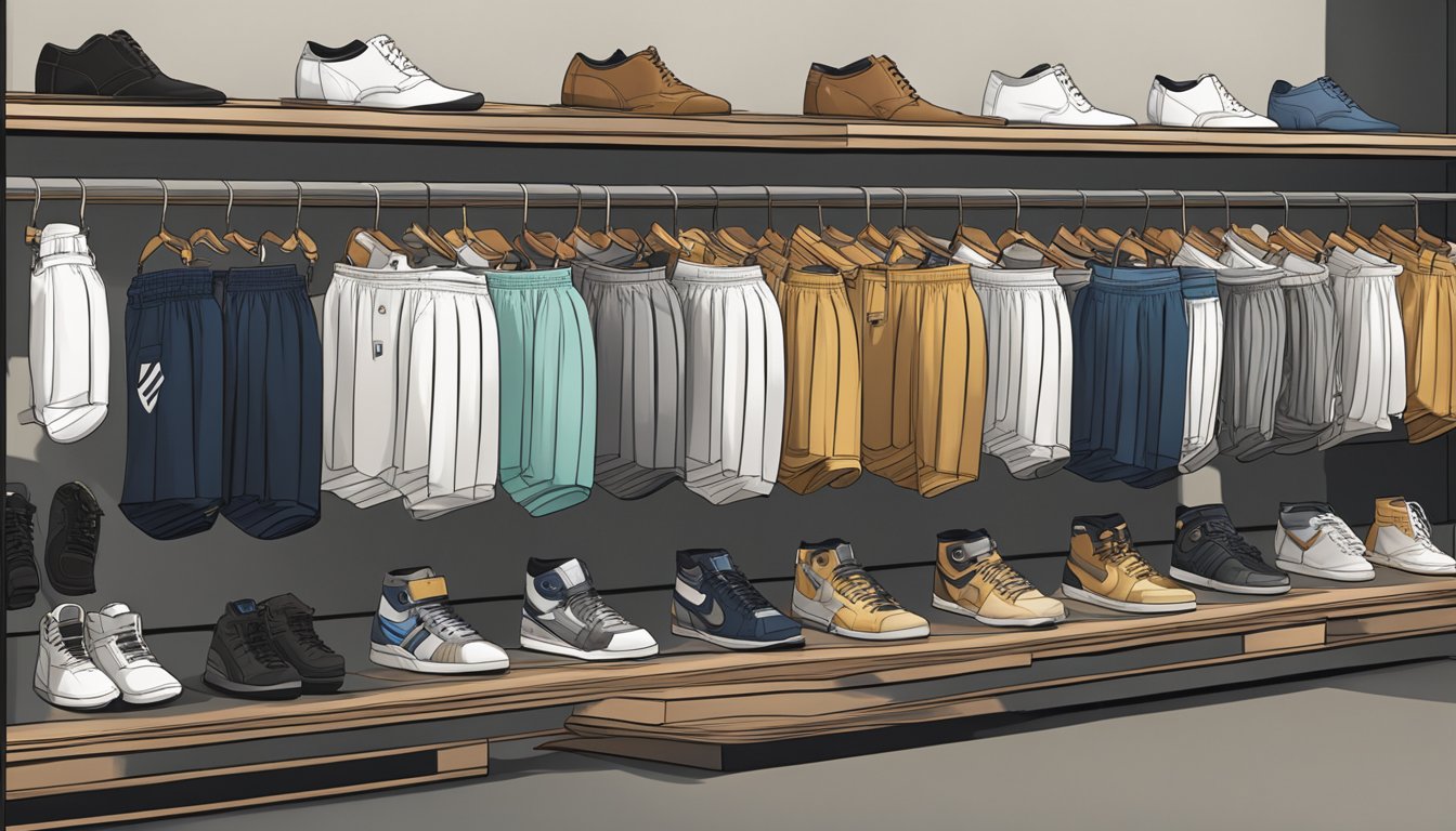 A display of luxury shorts from iconic brands, showcasing their high-quality materials and stylish designs. The shorts are neatly arranged on sleek shelves, with each brand's logo prominently displayed