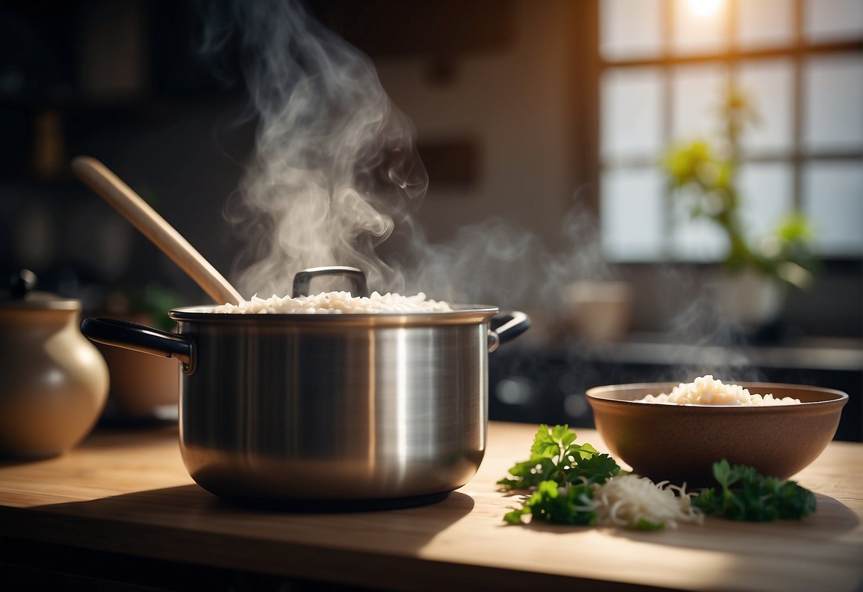A pot simmering on a stove with Chinese yam, rice, and water. A wooden spoon stirring the porridge until it thickens