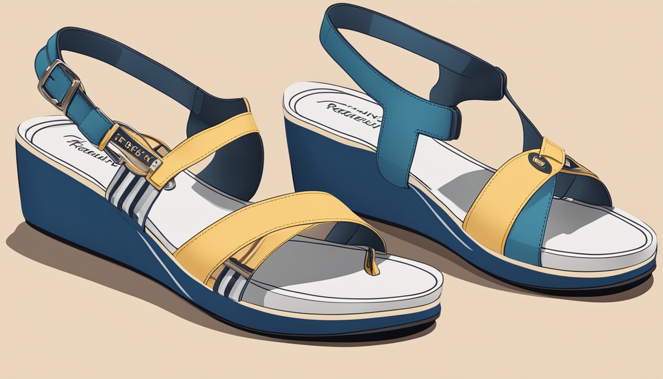 A pair of branded sandals for ladies with a "Frequently Asked Questions" label prominently displayed on the sole