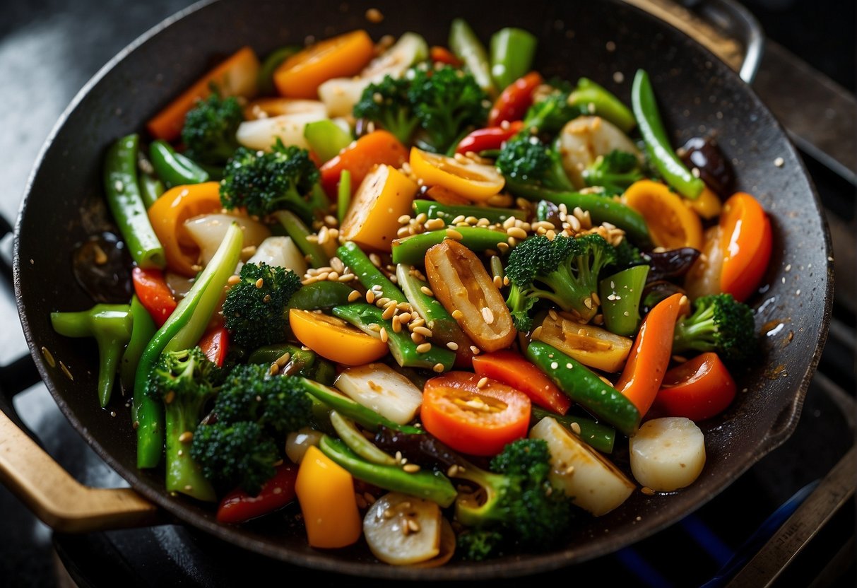 A colorful array of stir-fried Chinese vegetables sizzling in a wok, with vibrant hues of green, red, and orange. The steam rises as the vegetables are tossed and seasoned with soy sauce and sesame oil