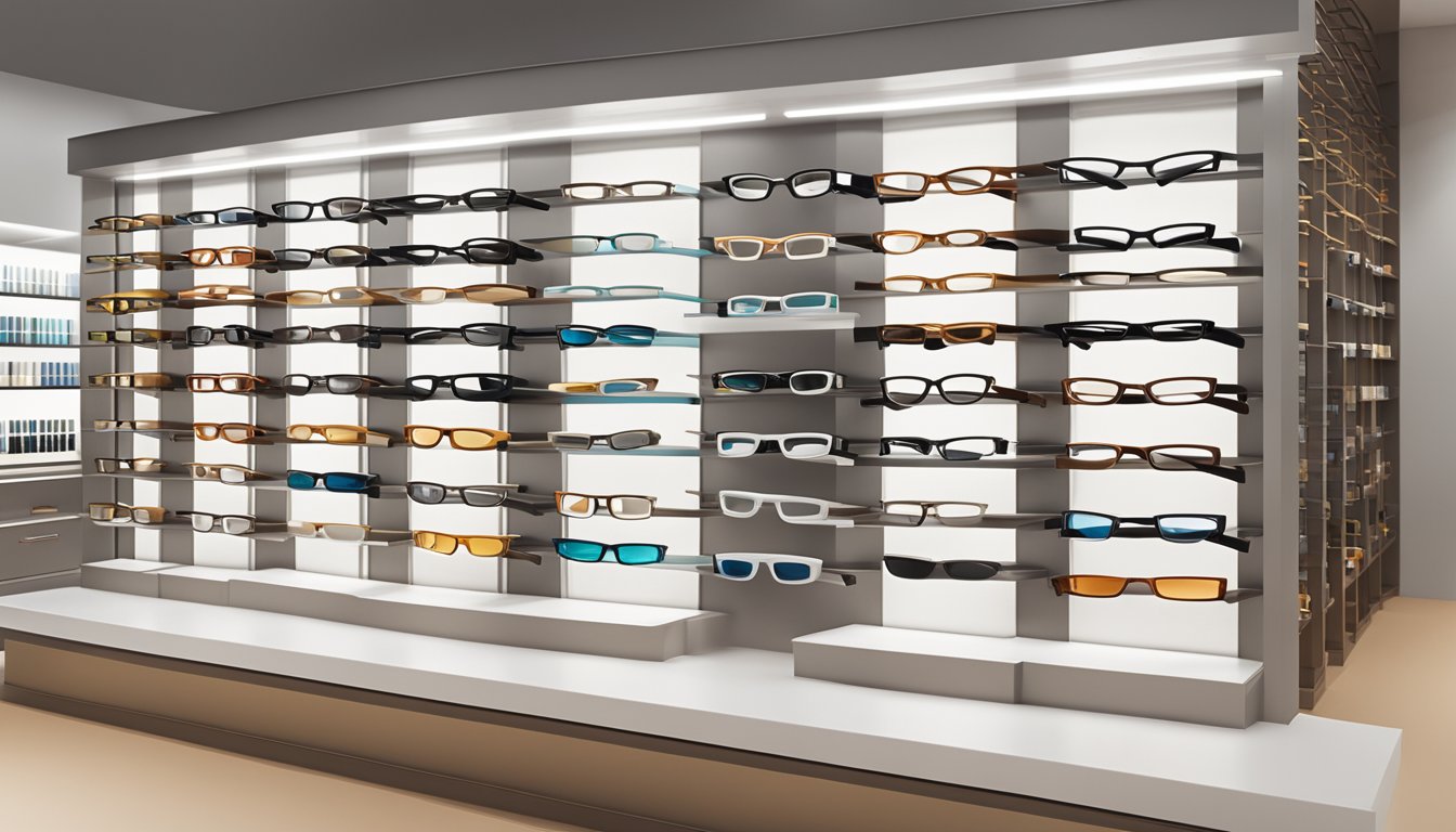 A display of branded spectacle frames arranged on a sleek, modern shelf in a well-lit eye care and professional services store