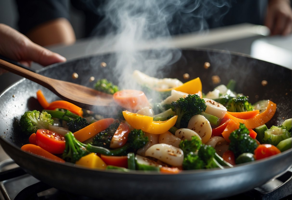 A wok sizzles with colorful stir-fried Chinese assorted vegetables, steam rising, as a chef adds seasoning