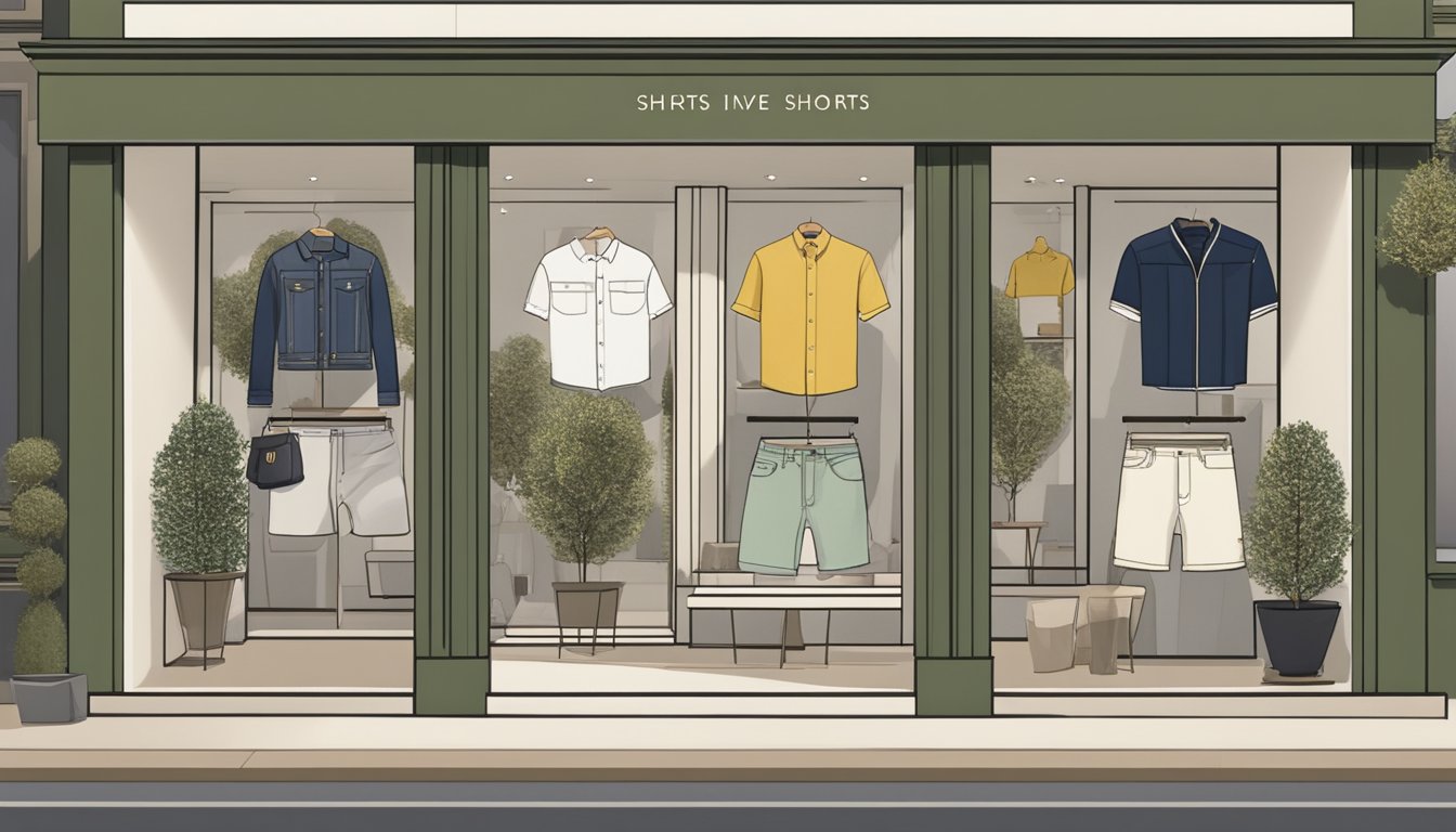 Expensive shorts from top brands displayed in a boutique window, surrounded by seasonal decorations and versatile styling options