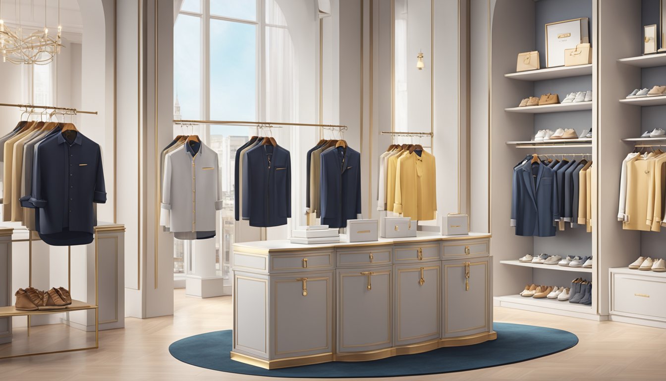 A luxurious boutique display showcases designer shorts with price tags, surrounded by elegant packaging and exclusive branding